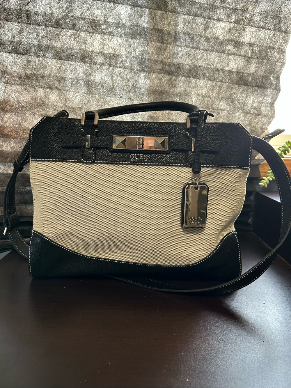 GUESS Black and Cream Canvas Satchel with Detachable Strap
